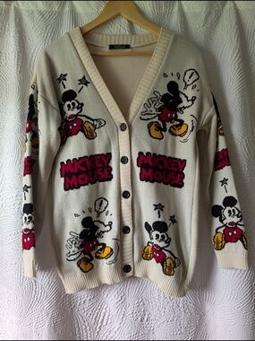 MXM Cream Mickey Mouse Graphic Button-Front Cardigan Sweater